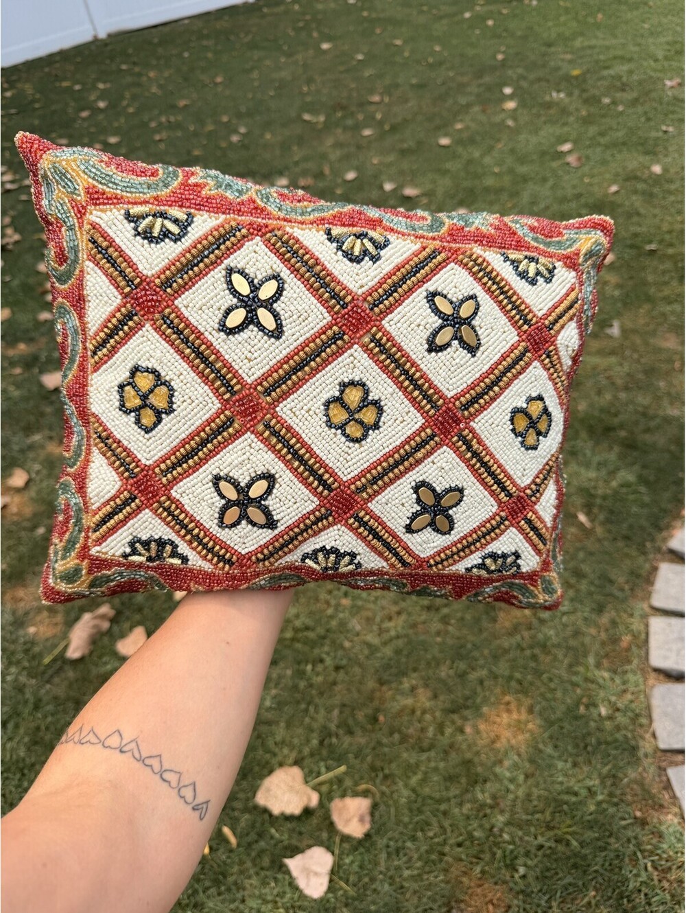 Beaded Vintage Pier 1 One Decor Throw Pillow Floral 15"X12"